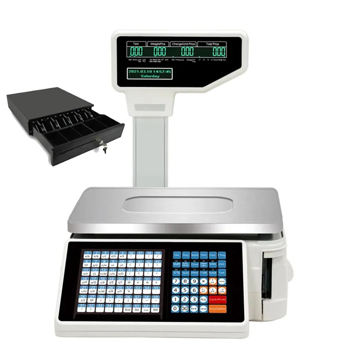 Balanza Digital con CáLculo De Precios,Balanza ElectróNica Comercial para Comercio Minorista,Balanza ElectróNica con ImpresióN De Etiquetas,Impresora TéRmica De Etiquetas Machine+cashbox