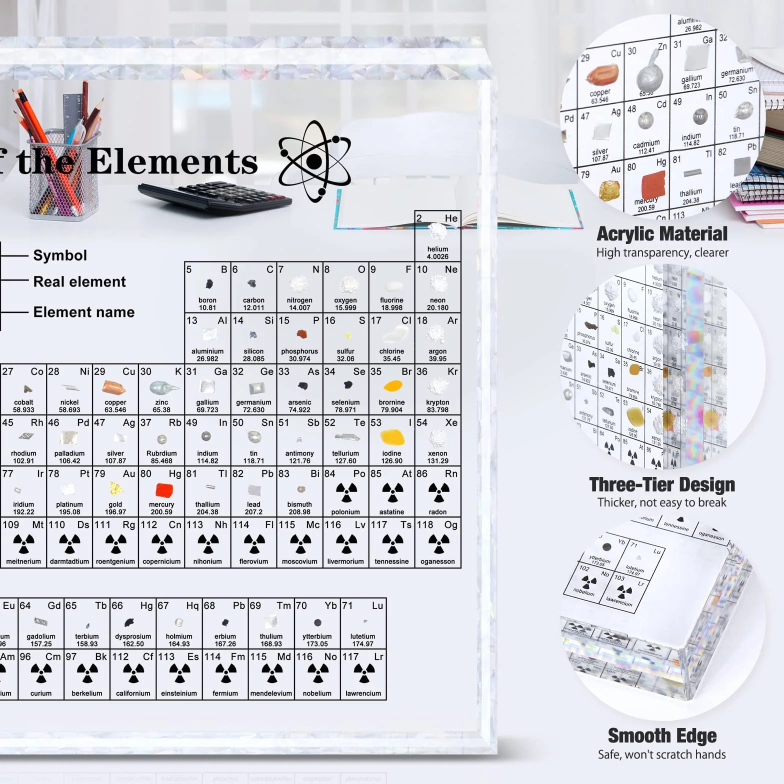 Tabla Periódica de Acrílico con 83 Elementos Reales 21x14x2,7 cm Regalo de Química