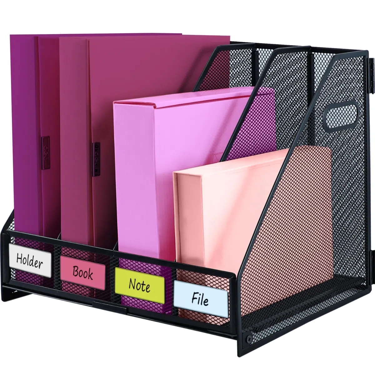 4 Compartimentos Organizador de Documentos para Escritorio de Mallas Metálica, Revistero metálico de oficina, Cajas de Almacenamiento de Archivos para Escritorio y Estudio Negro