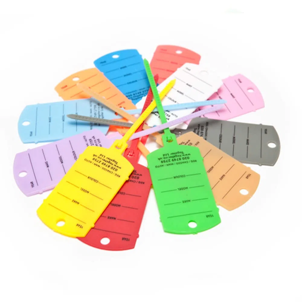 Key tags - Vehicle plastic key tags (200) with self looping tails - In 11