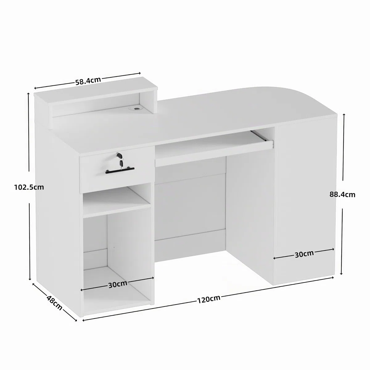Mesita de recepción con iluminación LED, mostrador de recepción con cajones con cerradura, estante de exposición y bandeja para teclado, mesa de recepción moderna para salón, tienda, hotel, oficina