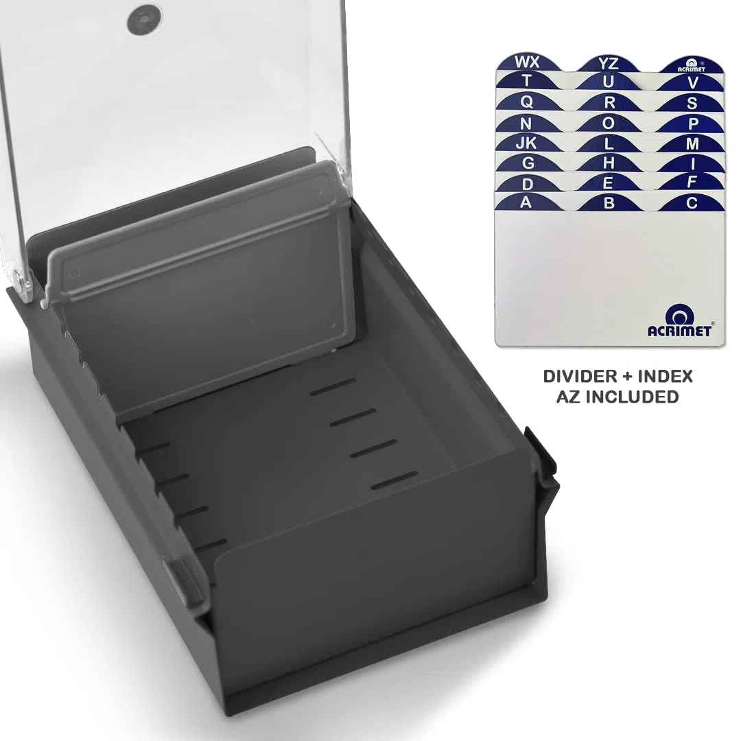 Acrimet Porta Tarjeta 3"x 5", Organizador de Fichas, Base de Metal Resistente (Incluye Índice AZ y un Divisor de Plastico) (Base Gris y Tapa de Plástico Transparente)