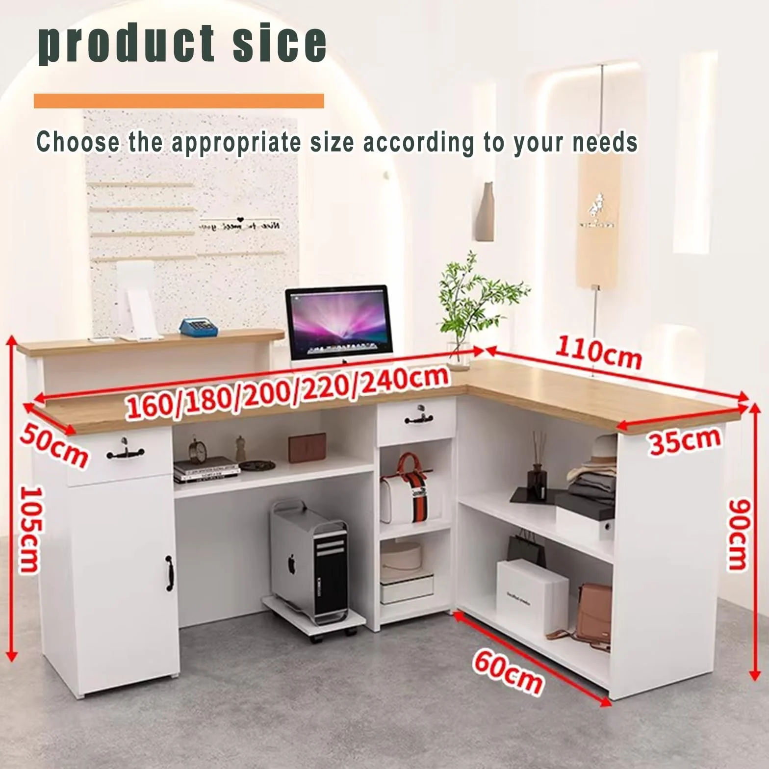 Mostrador de Recepción con Cajones y Estantes Abiertos, Madera y Blanco, 180cm