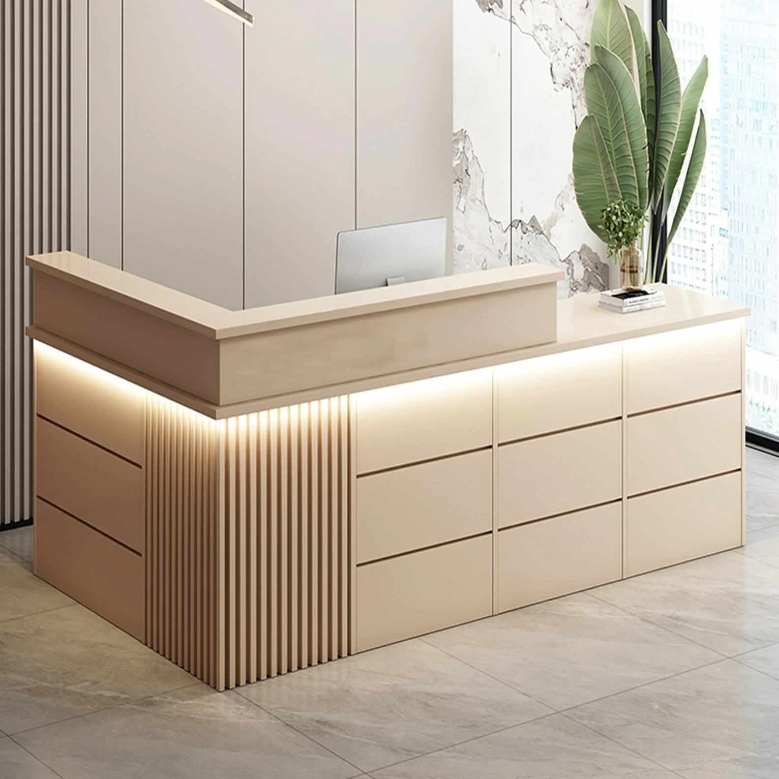Mostrador De Recepción Moderno, Bandeja para Teclado Y Amplio Espacio De Almacenamiento, Luces LED, Adecuado para Hoteles, Oficinas Comerciales Y Hoteles(Brown,Left_160X60X100CM)