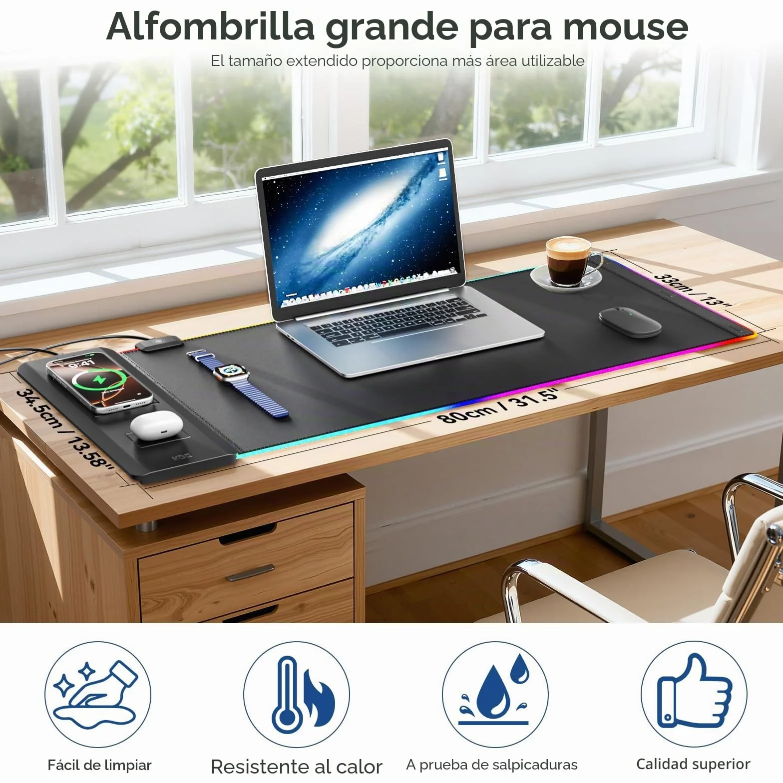 KDD LED Alfombrilla Ratón Gaming con 15W Carga Inalámbrica, Tapete Escritorio con Soporte Móvil Plegable, Mouse Pad XXL Antideslizante para Juegos Accesorios Gaming PC Auriculares Reloj (70x33cm)