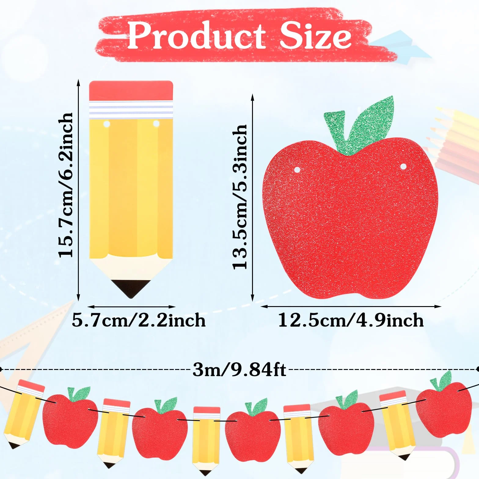 2 pancartas de lápiz de manzana para decoración de regreso a clases, decoración de primer día de clases, suministros de fiesta, cartulina roja y amarilla con purpurina