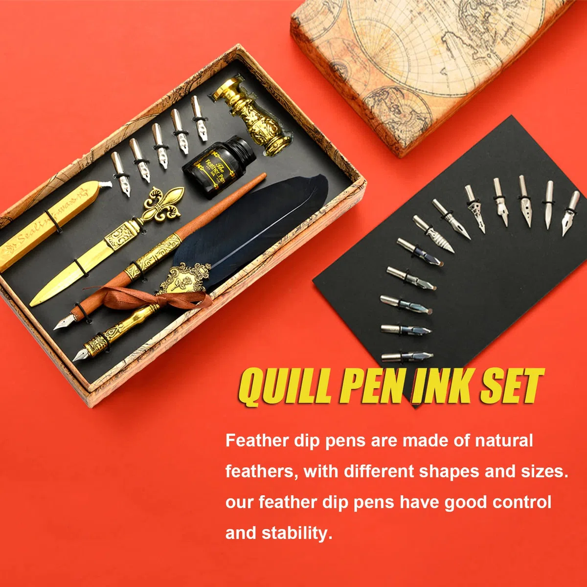 Joyeee Quill Pen Juego de caligrafía, con bolígrafo de inmersión de madera, puntas, sello de cera de sellado, soporte de bolígrafo de inmersión, tinta negra, azul marino