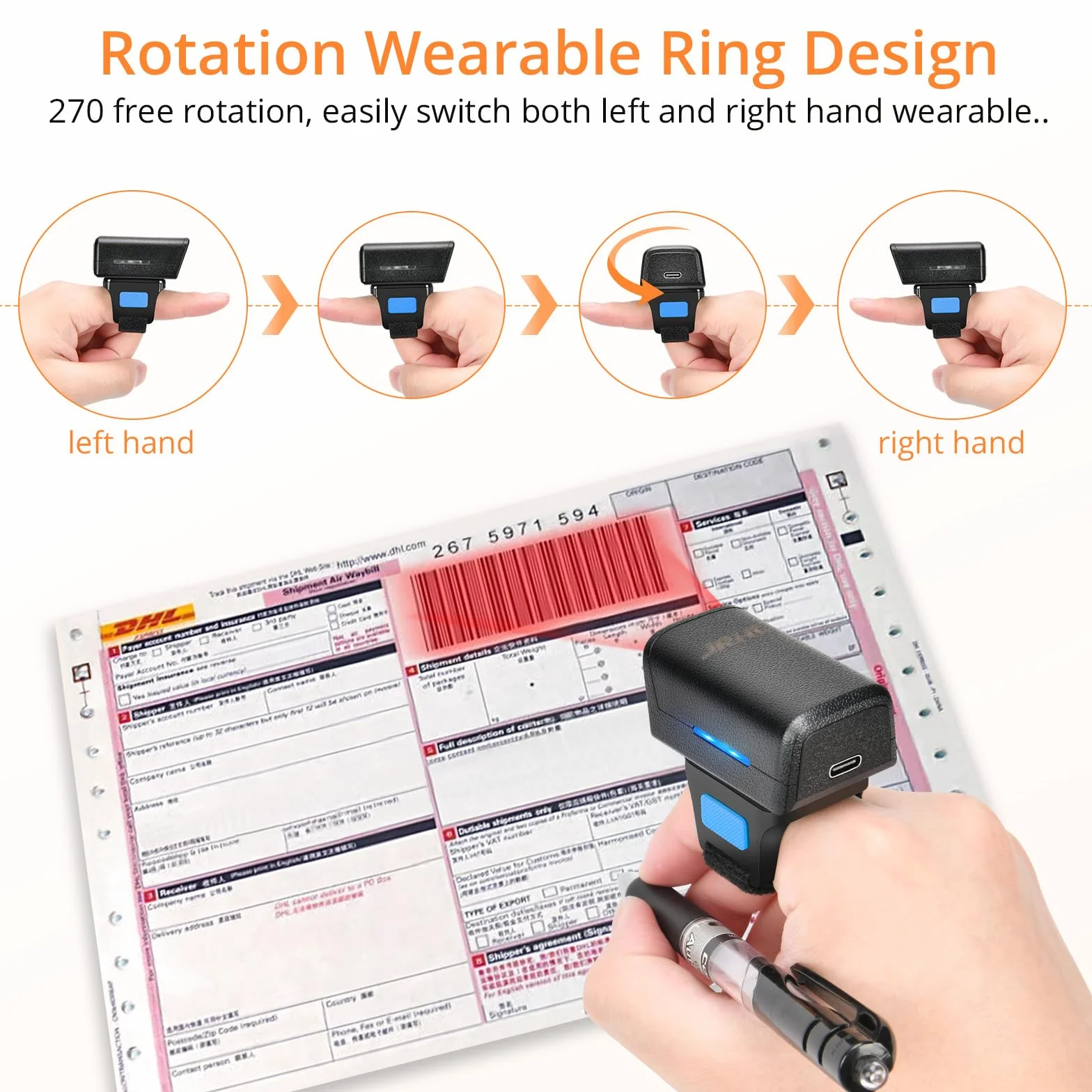 1D 2D Bluetooth portátil anillo de código de barras escáner portátil Mini lector de códigos de barras con conexión inalámbrica de 2,4 GHz y cable USB