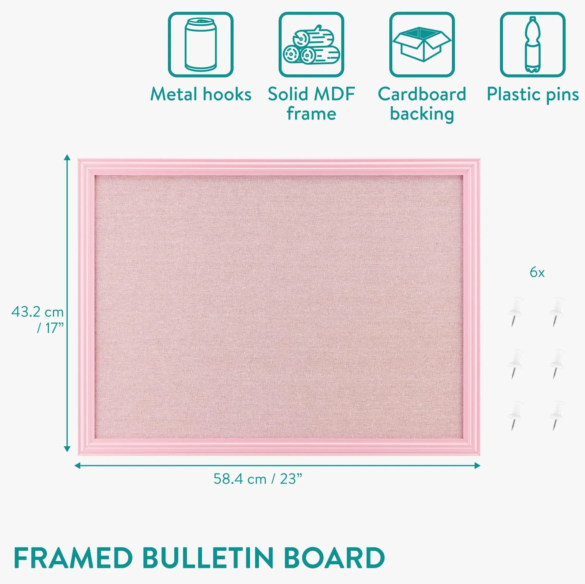 Navaris Tablero colgante rosa para fotos - Cartelera de pared de felpa para colgar joyas y notas - Con 6x chincheta y marco de MDF - 58 x 43 cm
