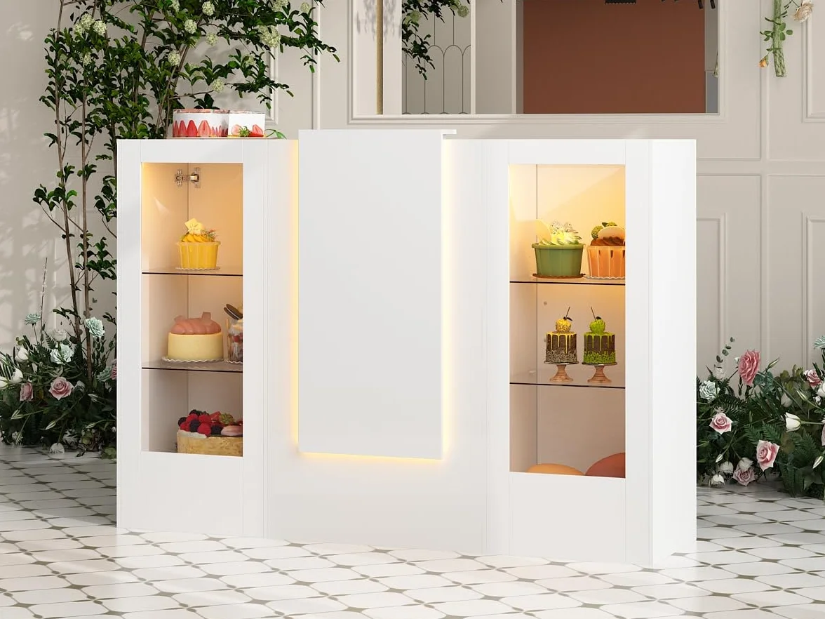 Mesa de recepción blanca con barra de luz, 2 armarios y 1 cajón de teclado, 150 x 52 x 100 cm