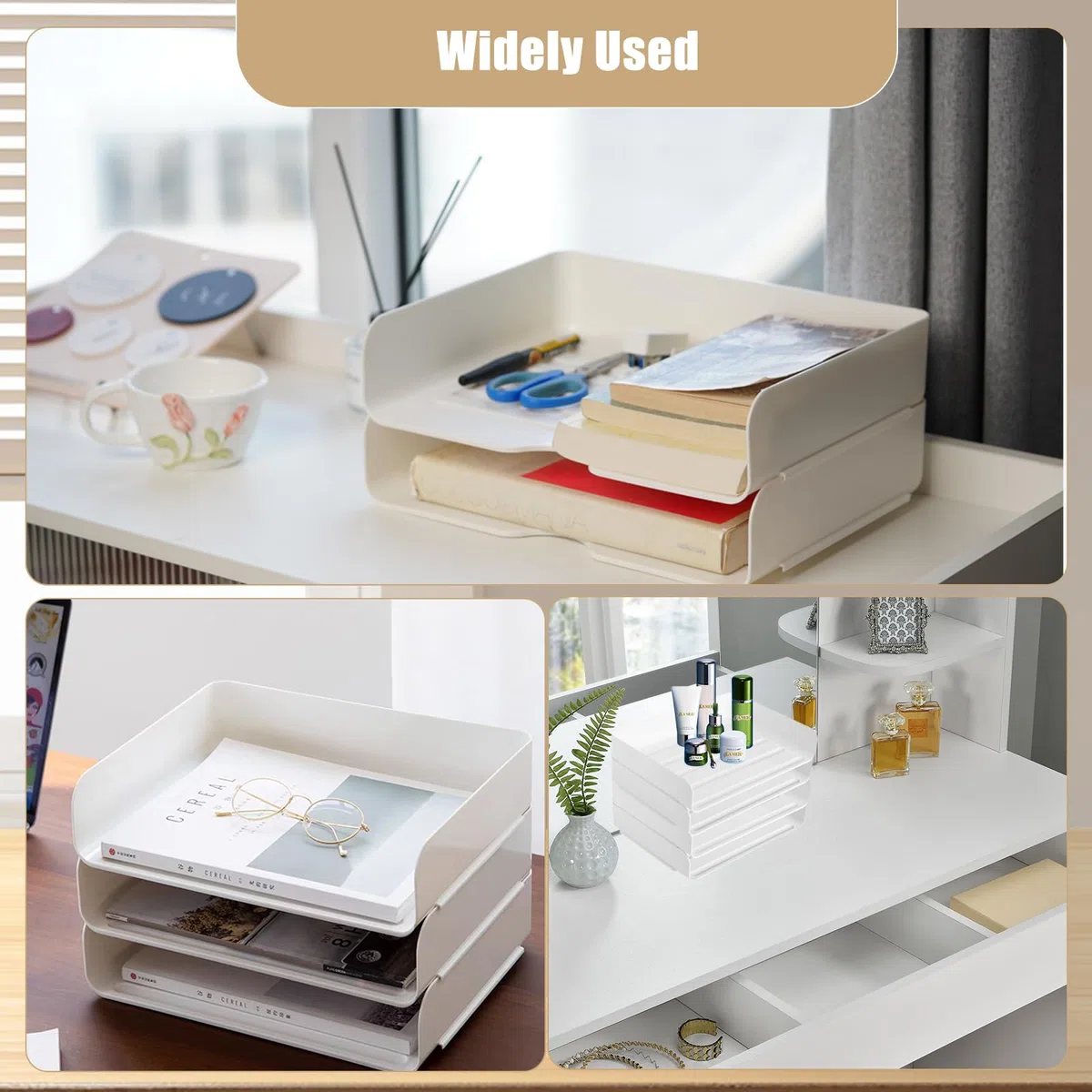Organizador de escritorio y almacenamiento, organizador de bandeja de papel de 4 niveles, apilable, organizador de escritorio blanco y almacenamiento con 4 carpetas de archivos para documentos, papel,