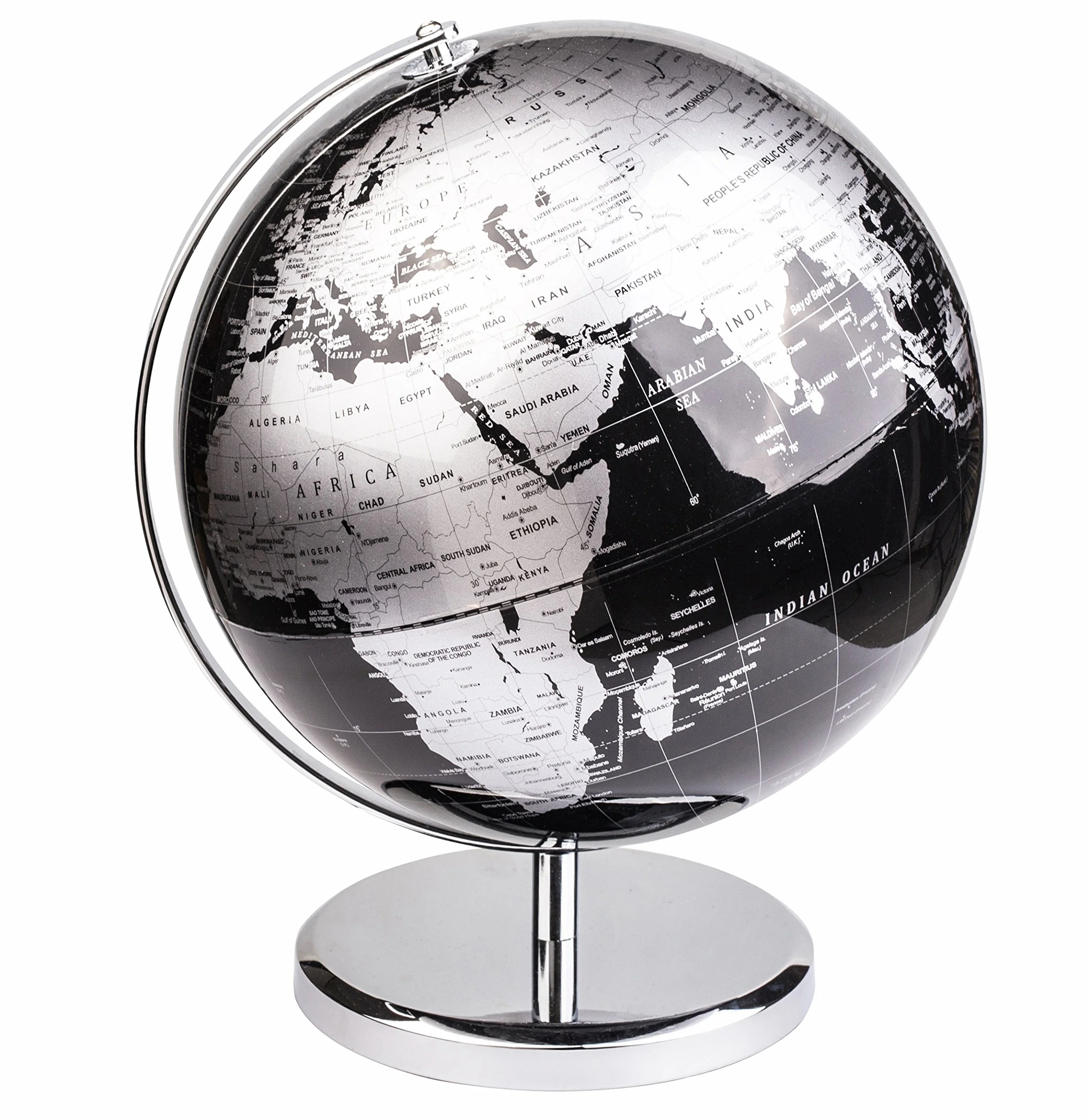 Exerz 30cm Globo Terráqueo - Mapa en Inglés - Decoración de Escritorio educativa/geográfica/Moderna - con una Base de Metal - Negro Metálico - Diámetro: 30cm