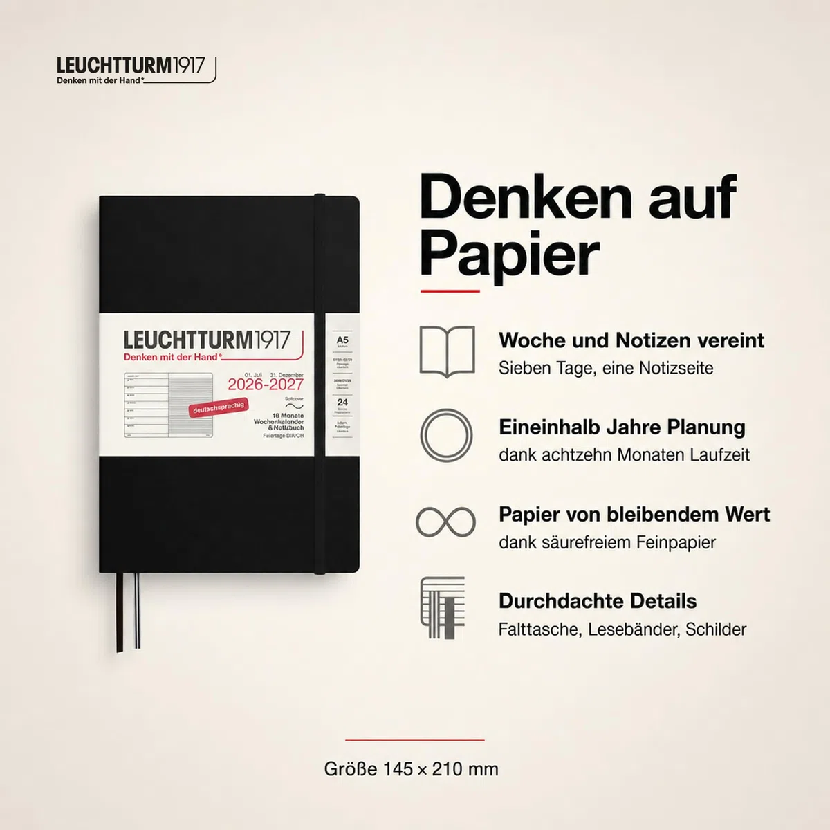 LEUCHTTURM1917 Agenda semanal 2027 A5 con cuaderno, a rayas, agenda alemana, 18 meses de julio de 2026 a diciembre de 2027, negro, tapa blanda, 210 x 145 mm, vista semanal izquierda + página de notas