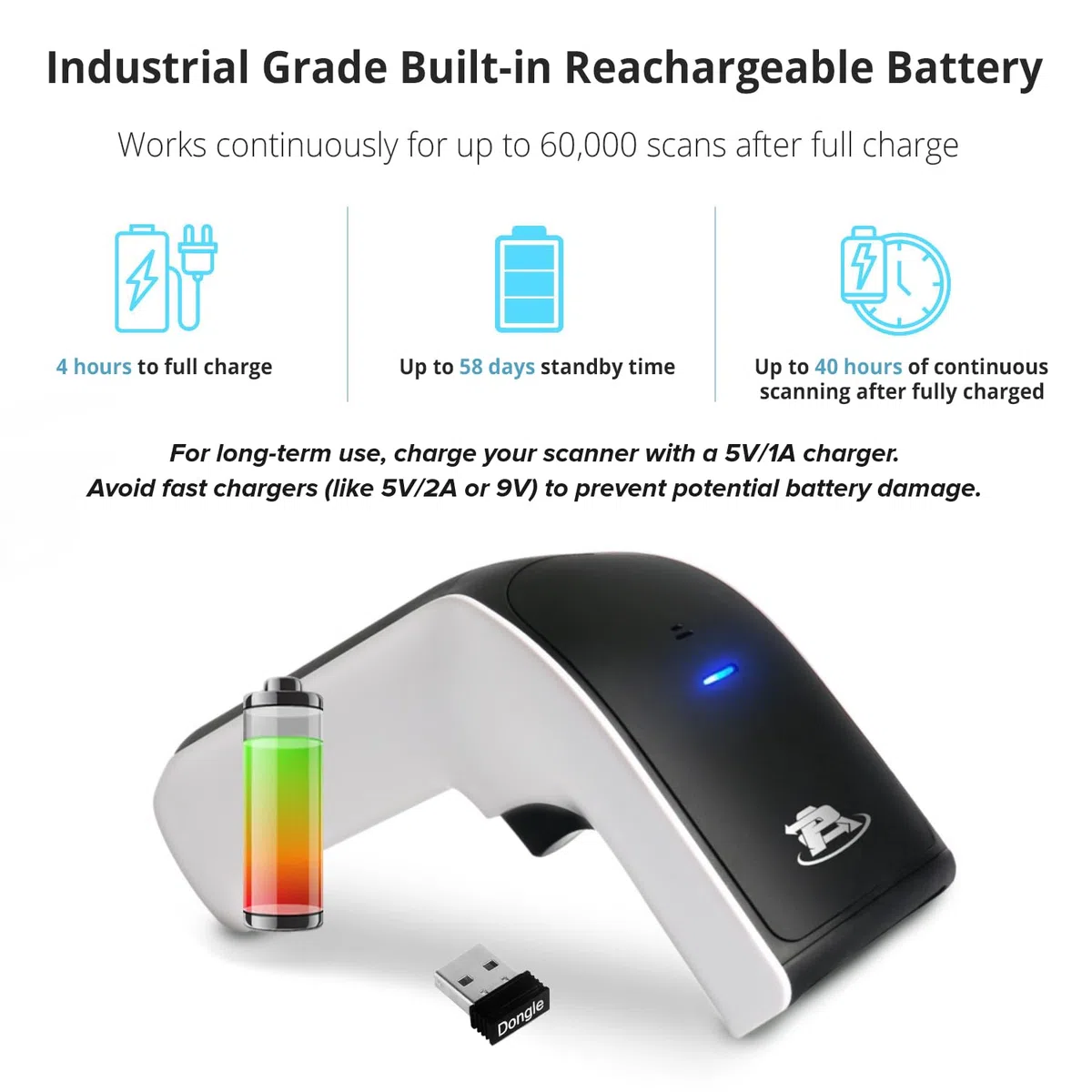 ScanAvenger Escáner de Código de Barras inalámbrico con Bluetooth 3 en 1 con Soporte Recargable para gestión de inventario portátil (1D y 2D sin Soporte de última generación)