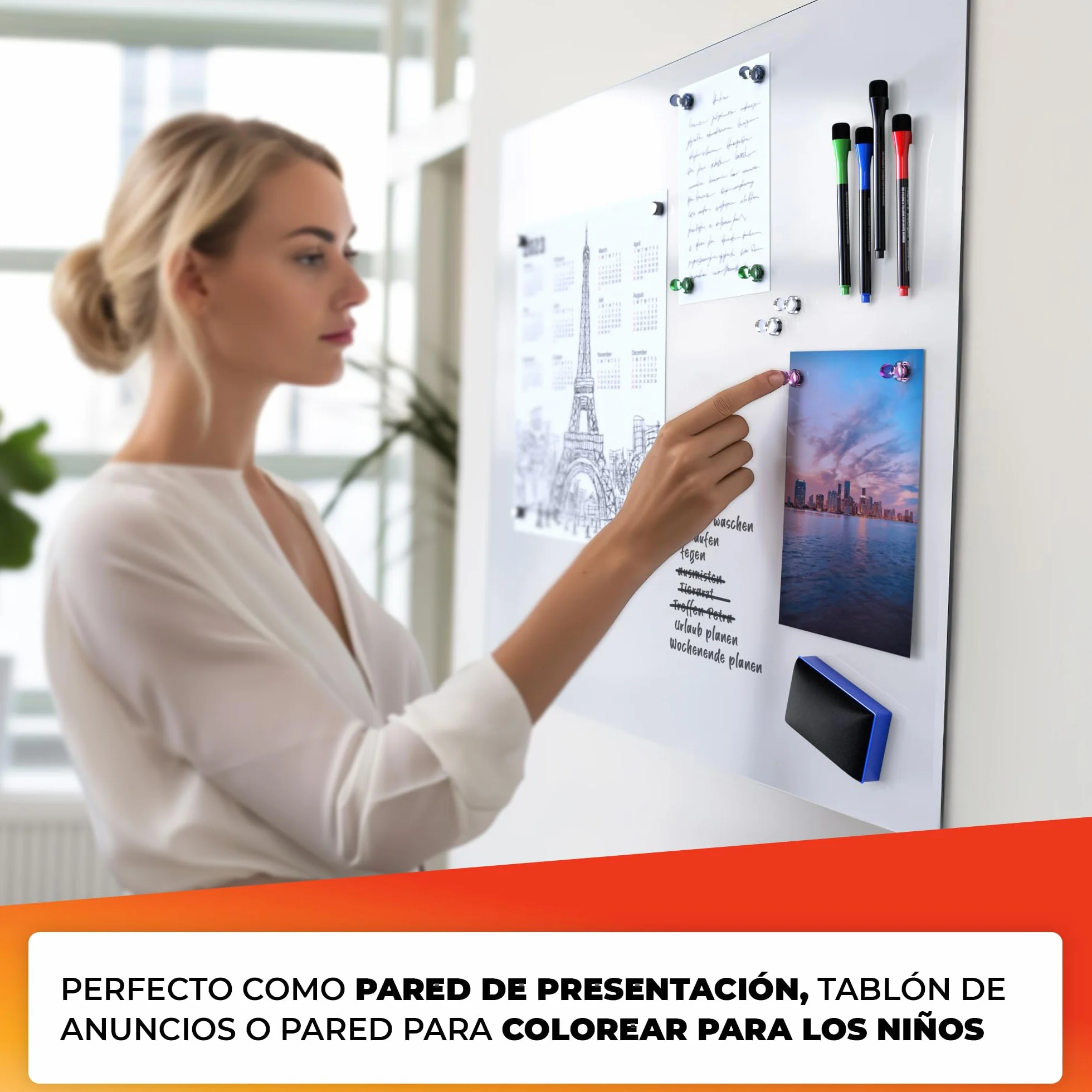 Folio pizarra blanca 90x120cm - folio magnético 3M autoadhesivo - folio pizarra magnética - práctico folio ferro blanco - folio pizarra blanca incl. 4 rotuladores, borrador grande y 8 chinchetas