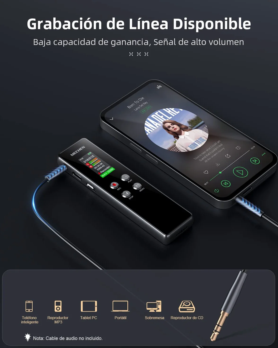 MECHEN Grabadora de Voz 64GB HD Un Solo Clic 1536 kbps Reducción de Ruido Automática Reproductor MP3 Protección Contraseña Batería 300mAh