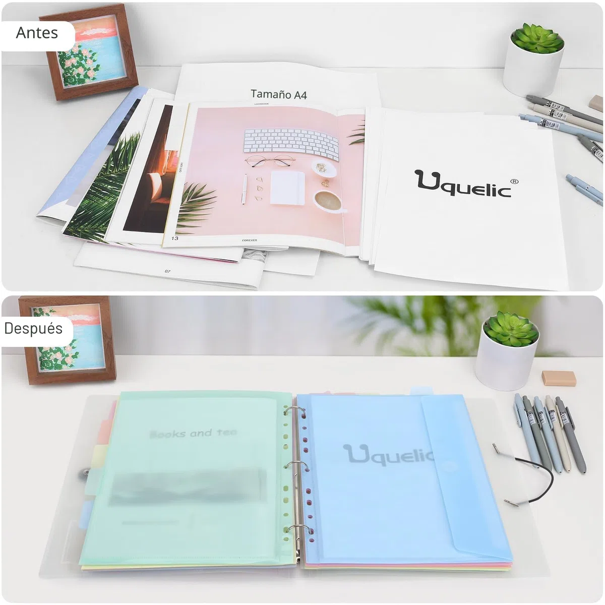 Uquelic Carpeta 3 Anillas A4– Carpetas Archivadoras con 12 Fundas Plástico A4 para Organizar y Archivar Documentos (Macarrón Transparente)