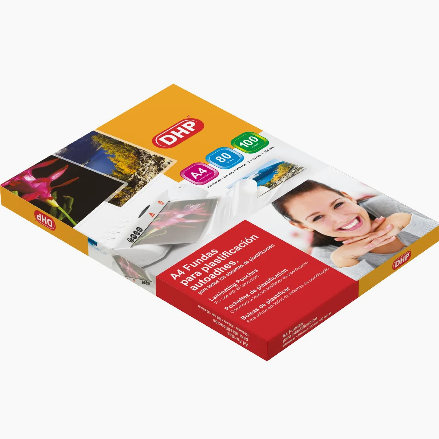 Fundas de Plastificar DHP - Formato A4 autoadhesivas, 80 micras, Brillo, Caja 100 unidades