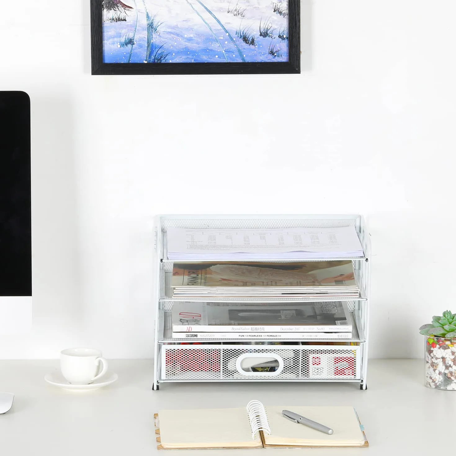 EasyPAG 4 Niveles Metal Malla A4 Bandeja Oficina Organizador Documentos Almacenamiento Papeles Soporte Archivador Clasificador Escritorio Estante Carta con Cajón, Blanco