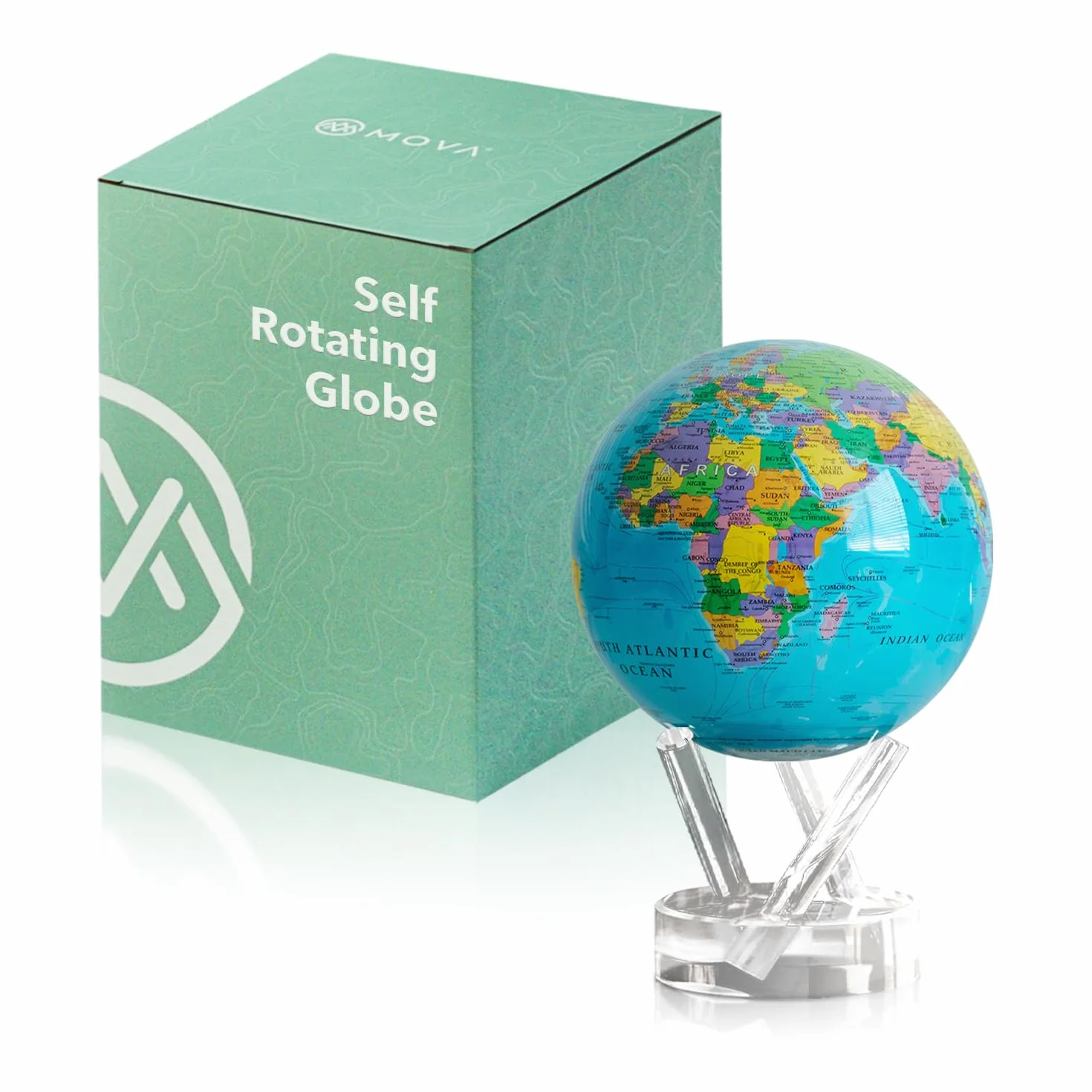 MOVA Globe - Mapa Político Azul Océano Clásico (4,5") | Globo mundial giratorio alimentado por la luz | Decoración educativa del hogar, no se necesitan pilas ni cables
