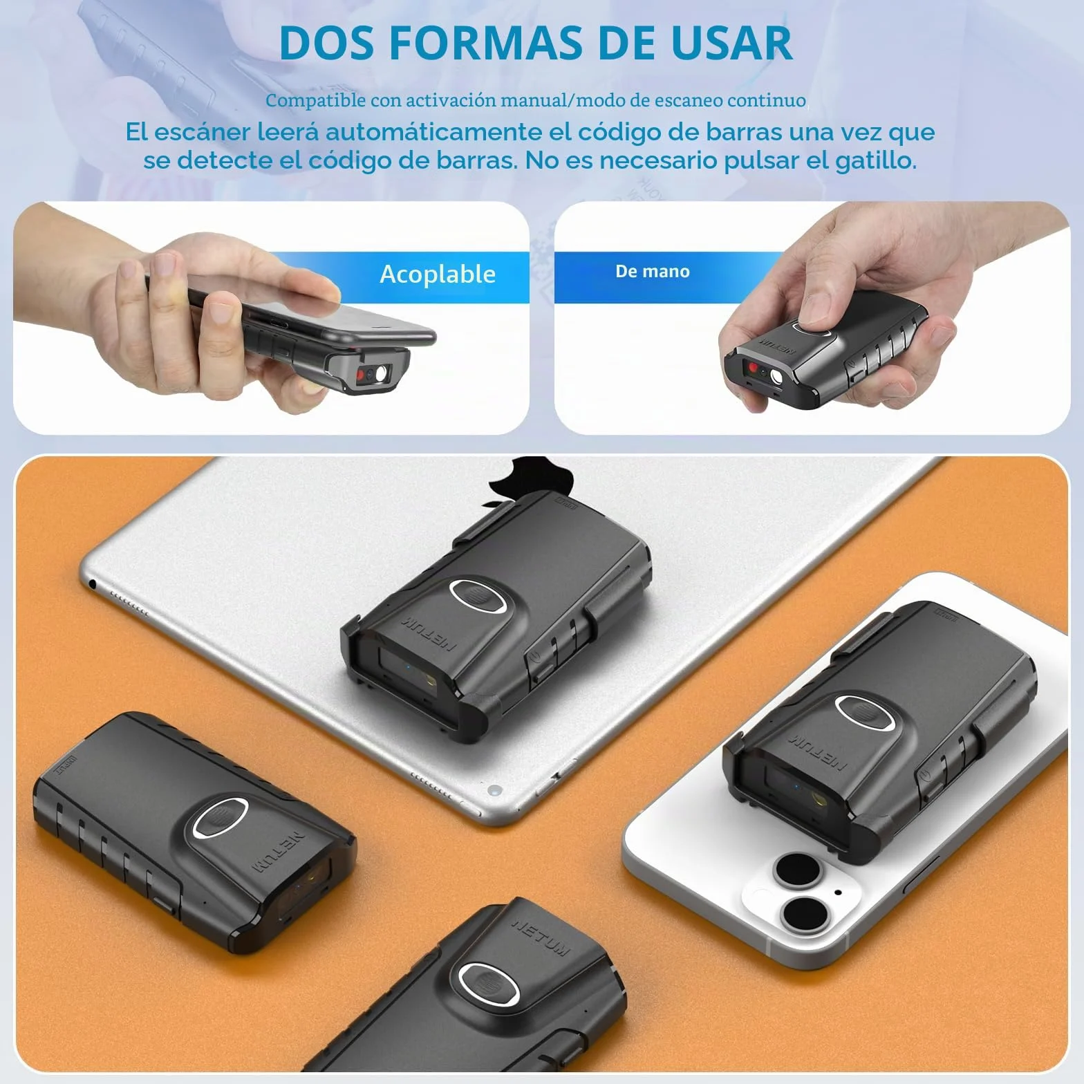 NETUM Escáner de código de Barras 2D Bluetooth, Lector de código de Barras QR 3 en 1 automático Escanear Clip Trasero Trabajo con Tableta iOS Android Windows MacOS inventario de almacén POS