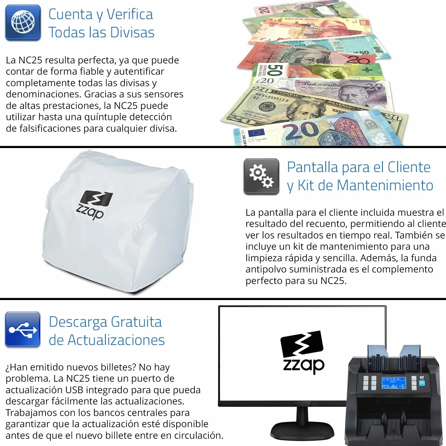 ZZap NC25 Contadora de billetes y detector de falsificaciones