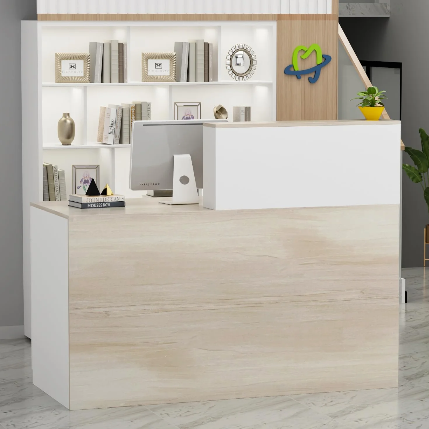 Mostrador de Recepción Grande con Compartimentos Abiertos, Madera y Blanco