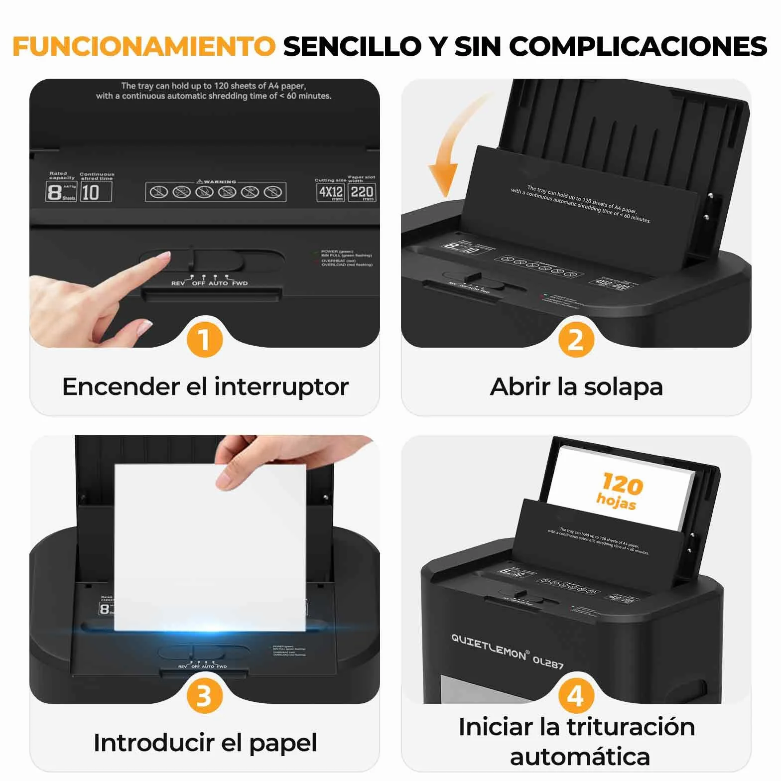 120 Hojas trituradora de Papel con alimentación automática, 60 min de Funcionamiento Continuo, P-4, Destructora Documentos Eléctrica Papelera 17L Oficina Casa Industrial Hogar