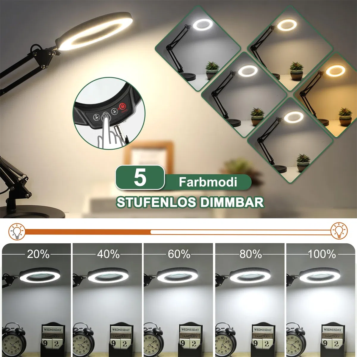 Lupa de 12 Aumentos con Luz y Soporte, 5 Modos de Color Regulables, Lámpara de Escritorio con luz LED 2 en 1 y Abrazadera, Lupa Manos Libres para Lectura, Manualidades, Pasatiempos, Trabajo de Cerca