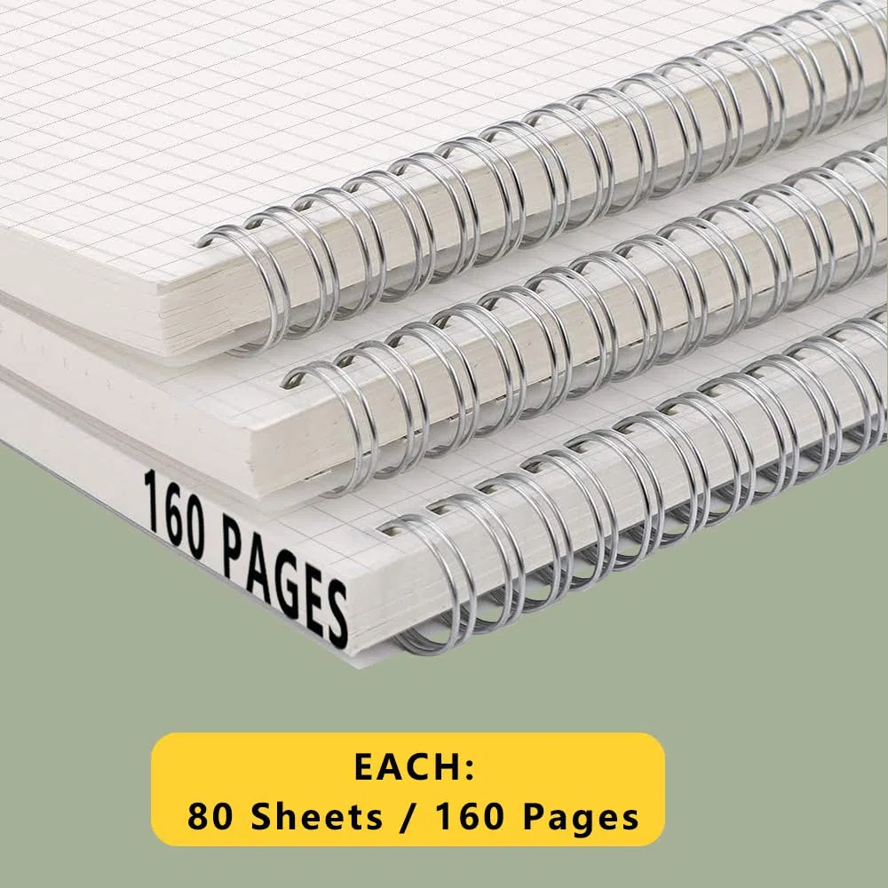 Cuadernos en espiral A4 de 8.5 x 11 pulgadas con papel grueso de 120 g/m², banda elástica extraíble y cubierta transparente, 160 páginas por diario de cuadrícula (paquete de 4, A4)