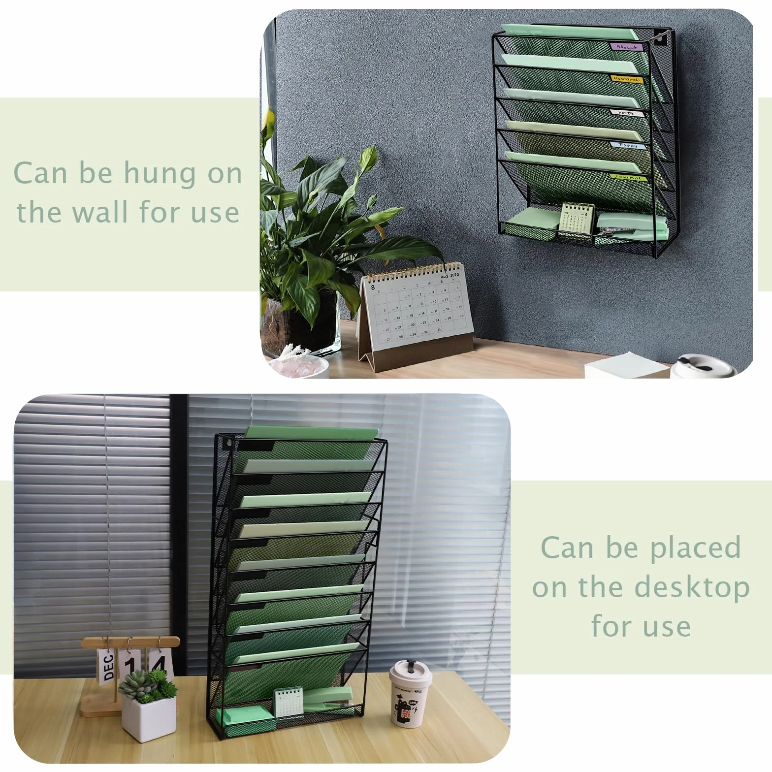 Organizador de archivo de pared de malla de 9 niveles con bandeja plana inferior, vertical de malla media, para colgar en la oficina, revistero, juego