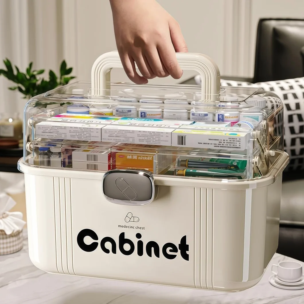 Caja Medicamentos & Medicine Organizer – Caja Almacenaje Plástico 3 Niveles con Asa, Gran Capacidad para Hogar, Viajes, Uso Diario (31.5 x 22.5 x 21.5 cm)