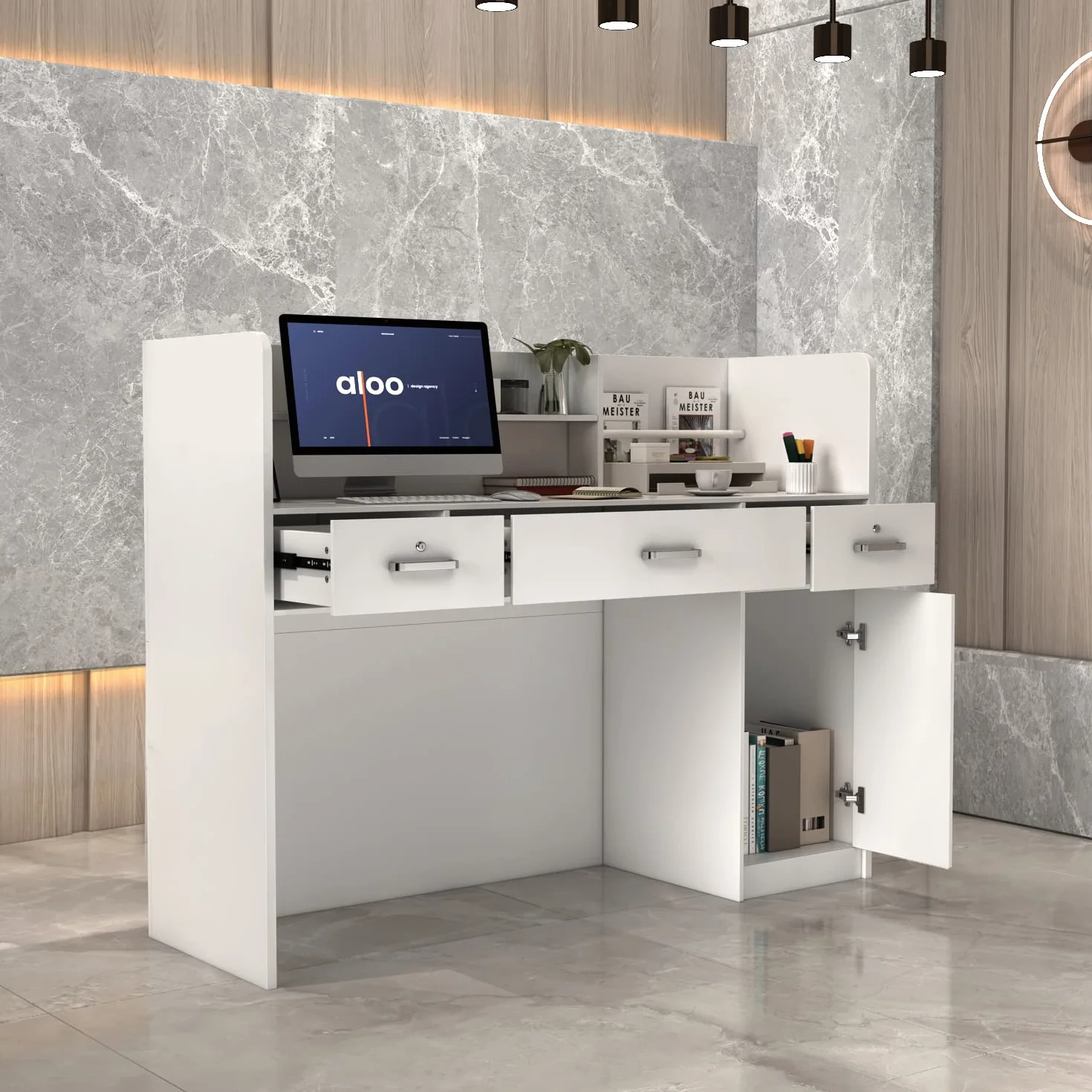 Mueble recepción mostrador oficina 3 cajones 120x48x110 cm Blanco