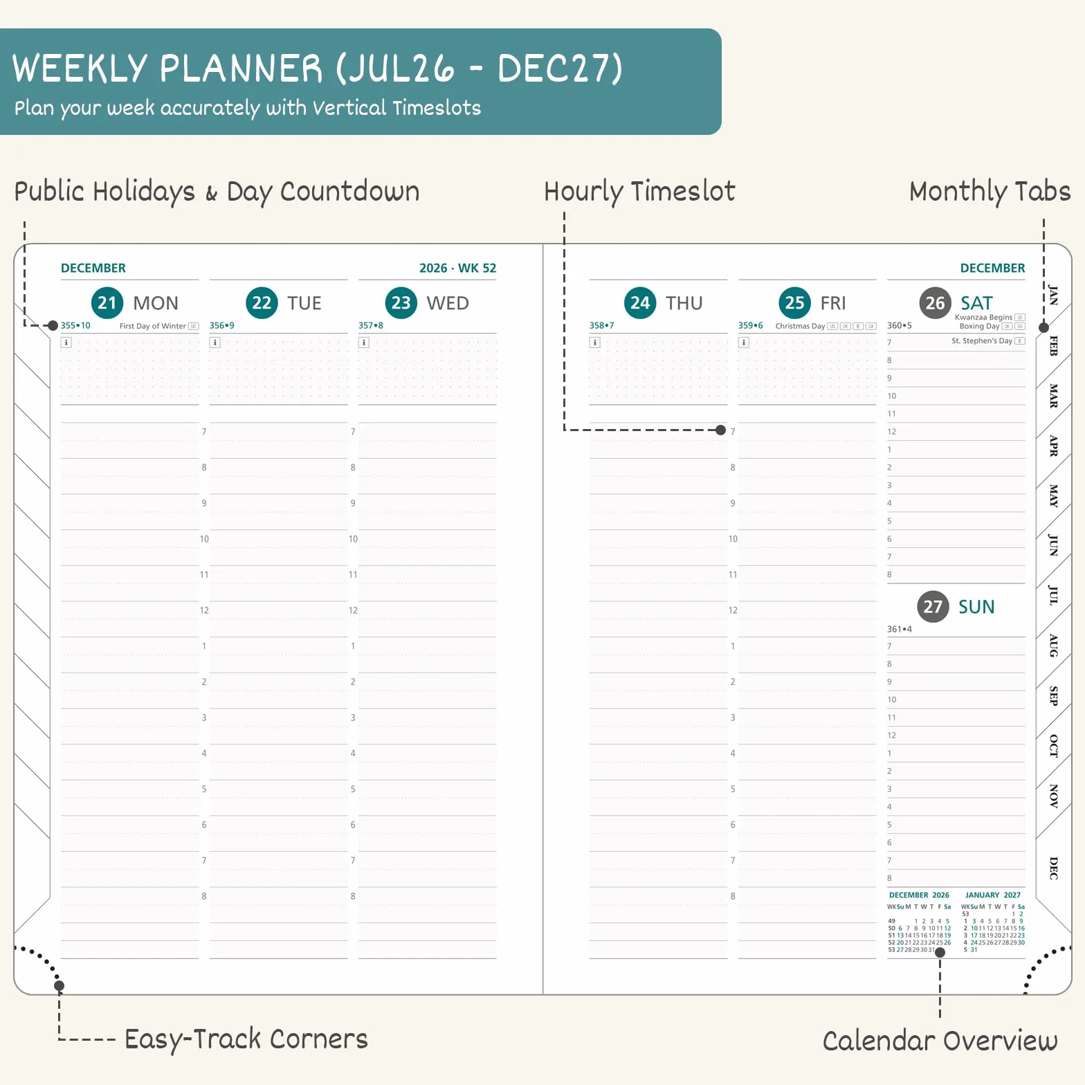 BEZEND Agenda semanal y mensual 2026-2027 (8.5 x 11 pulgadas), calendario académico con pestañas (26 de julio al 27 de diciembre), columna diaria y ranuras horarias, papel grueso, bolsillo de
