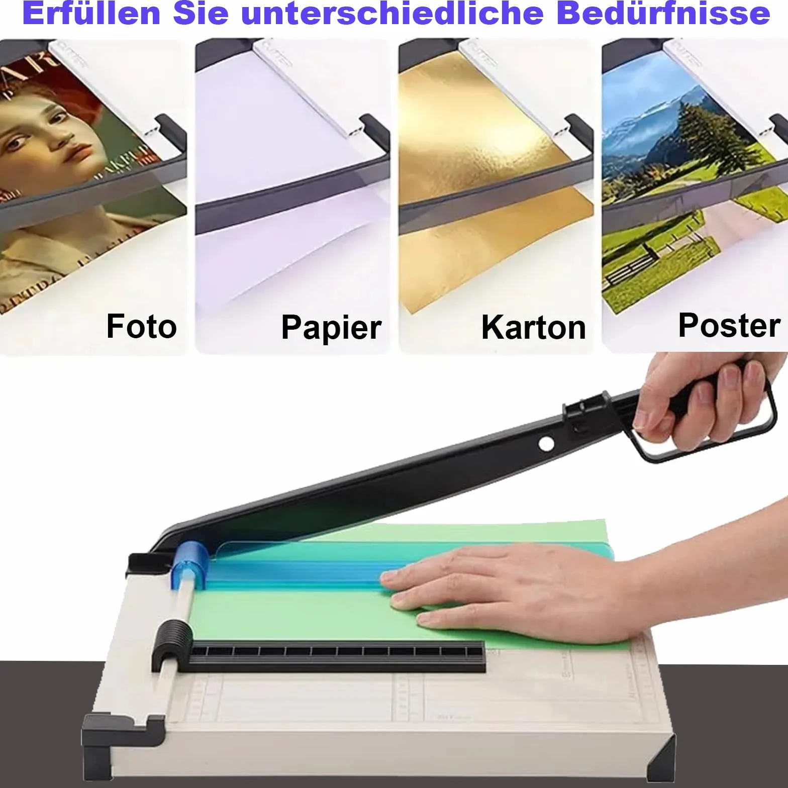 Guillotina de Papel con Base de Metal, Dispositivo de Protección, Cizalla Papel A4 B5 A5 B6 B7, Cortador de Papel Profesional Capacidad 12 Hojas, Máxima Precisión, Perfecto para Fotos, Papel, Blanco