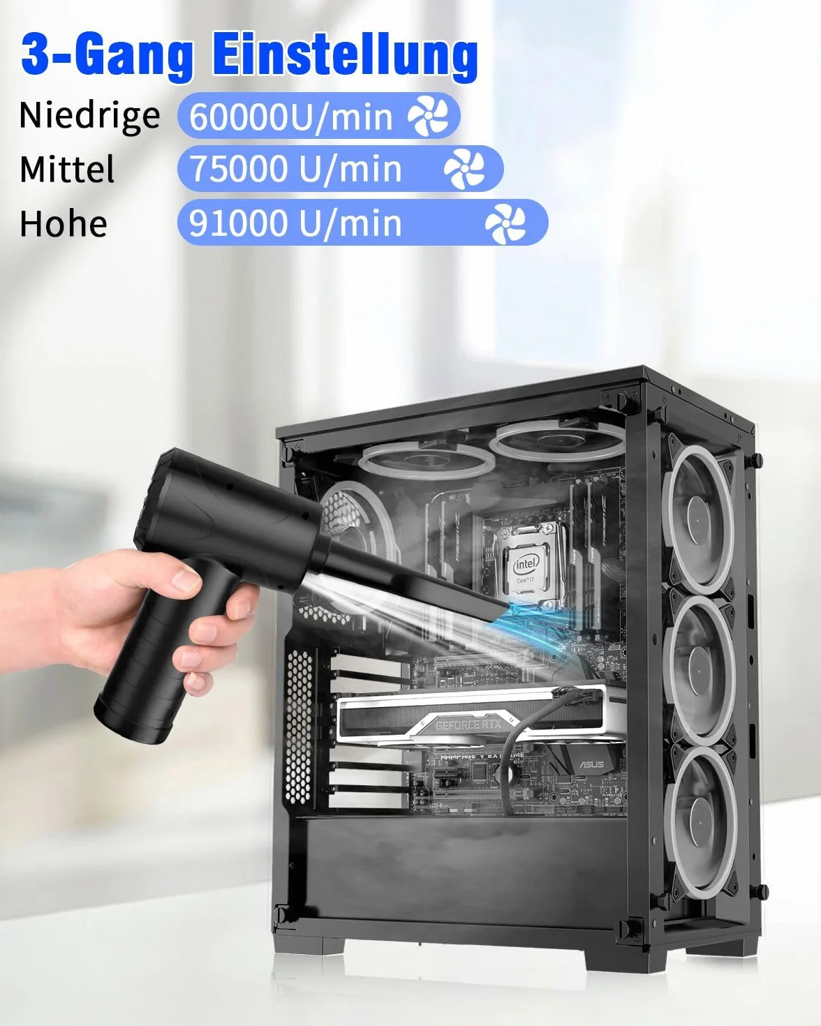 Soplador de Aire para PC 3 Velocidades 91000 U/min USB Recargable 6000mAh Compressed Air Duster