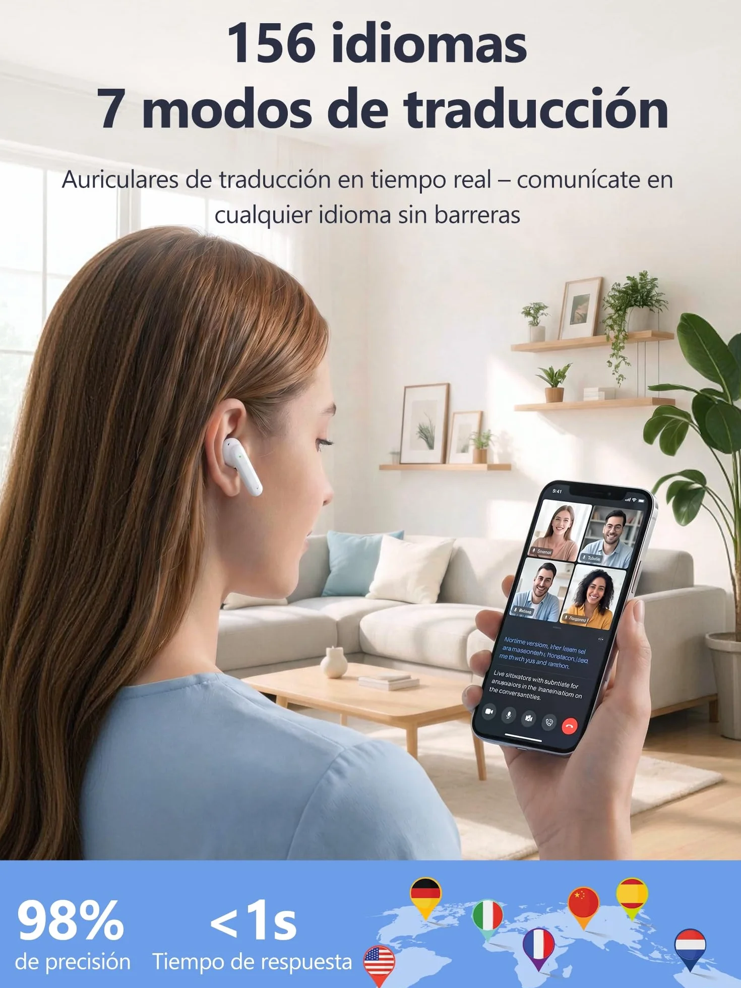 AI Auriculares Traductor en Tiempo Real: Traductor Instantáneo de Voz 156 Idiomas | 3-en-1 con Pantalla Táctil LCD | 98% Precisión | 7 Modos Traducción | Bluetooth 5.4| Ideal Viajes/Negocios/Estudios