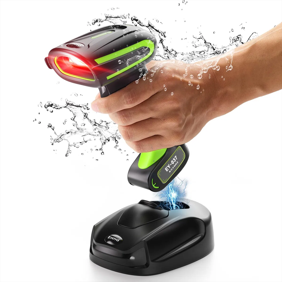 Eyoyo 2D QR Industrial - Escáner de códigos de barras inalámbrico con soporte de carga inalámbrico, resistente, resistente al agua, IP65, lector de códigos de barras 3 en 1 con Bluetooth, inalámbrico