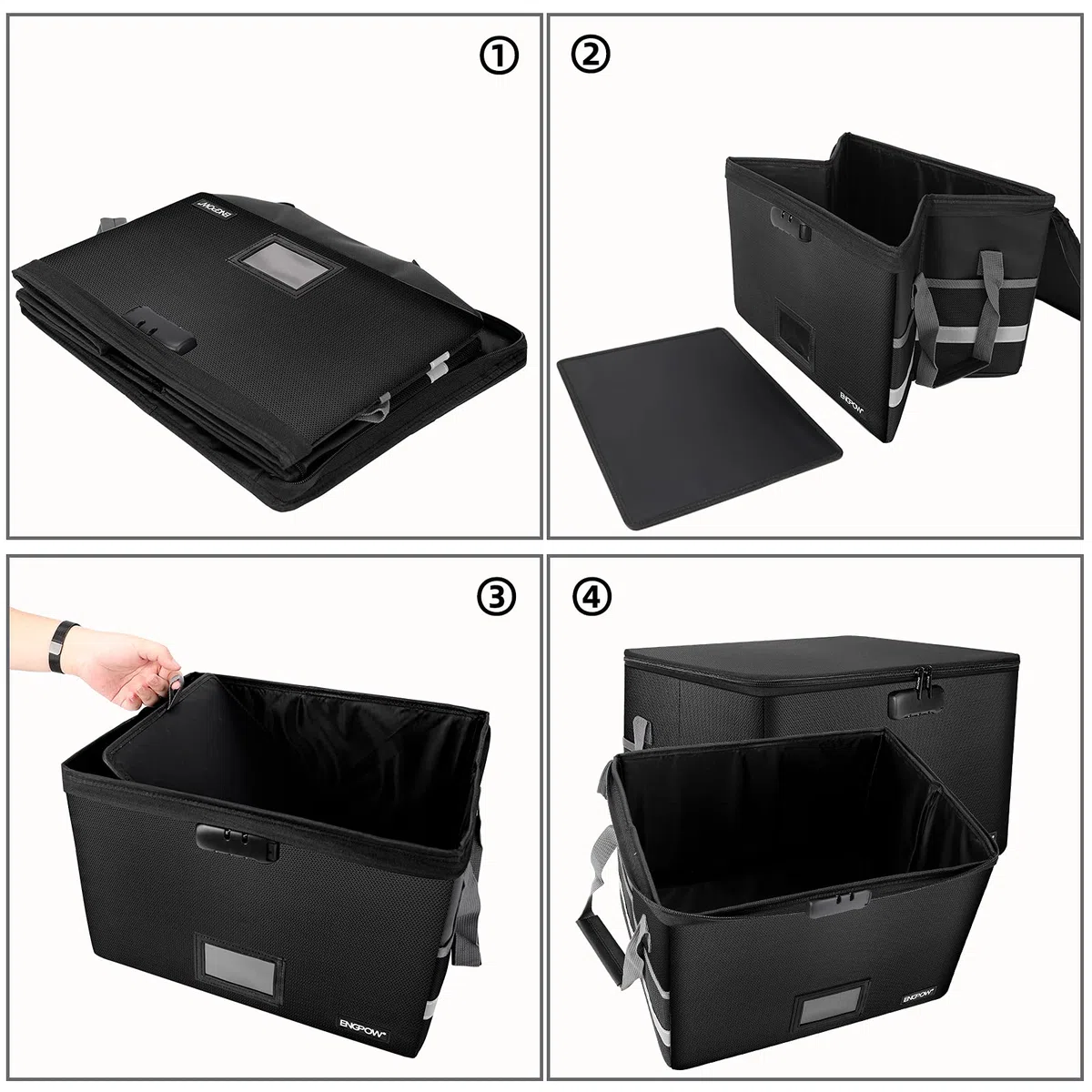 ENGPOW Caja de documentos ignífuga de 39,5 x 34 x 25,5 cm, caja de almacenamiento de archivos con cerradura, plegable, organizador de archivos con tapa, portátil, caja de seguridad para colgar