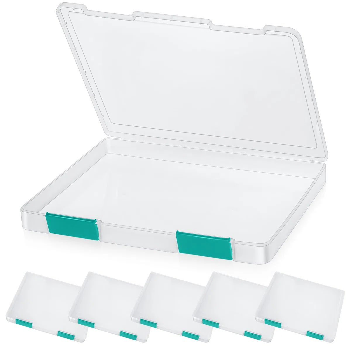 PerKoop 6 cajas de almacenamiento de plástico transparente A4 para documentos, cajas de plástico para juegos de mesa, contenedores de almacenamiento de revistas, protector de archivos con hebilla