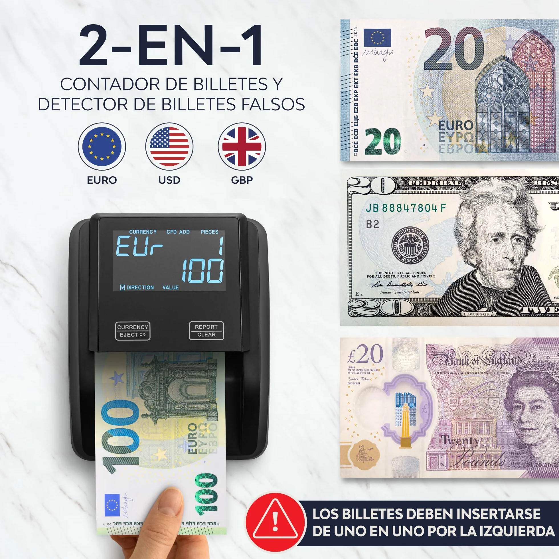 Detector de billetes falsos y contador de billetes 2 en 1 con pantalla táctil - Inserción uno a uno - Detector Billetes Falsos Euros, USD, GBP - Lector de mano compacto y liviano