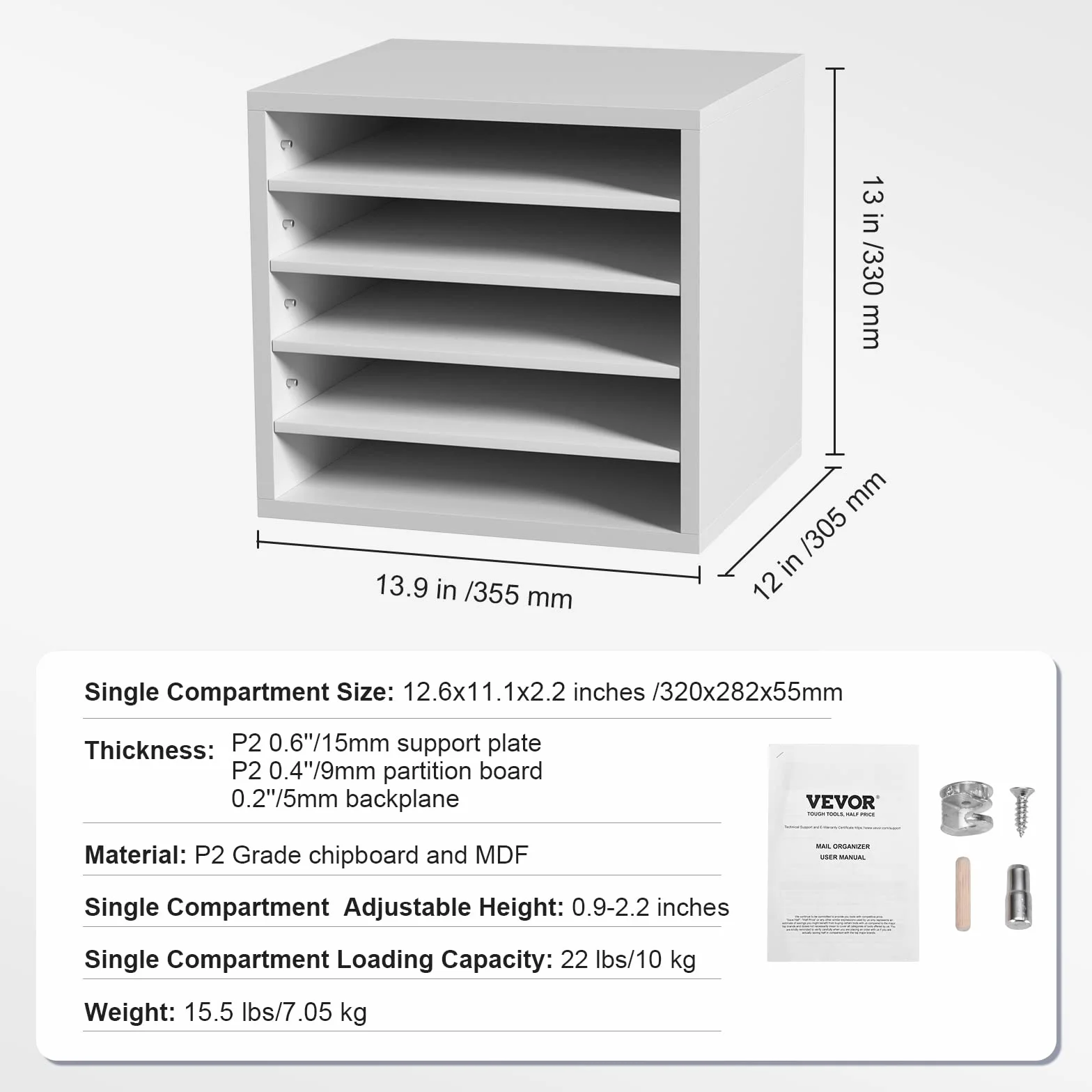 VEVOR Organizador de Literatura de madera Aglomerado Estante de Almacenamiento de Documentos de 5 Compartimentos 35,5x30,5x33 cm Clasificador de Literatura con Estantes Ajustables para Oficina, Blanco