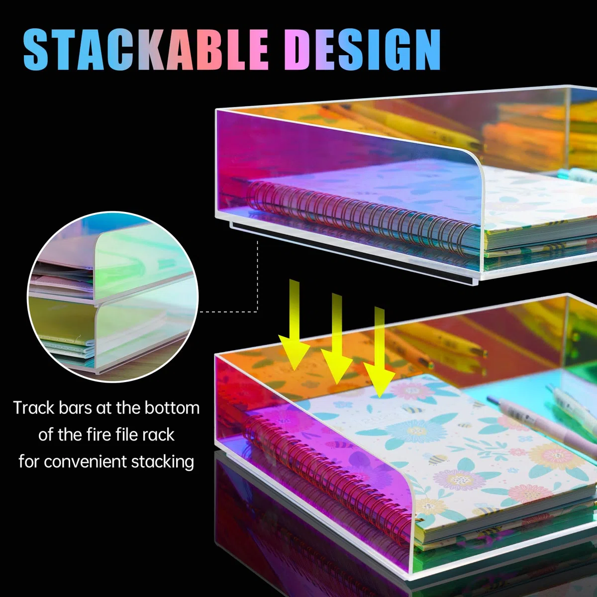 Bandeja acrílica para Cartas, Organizador de Papel apilable Iridiscente de 2 Niveles y Suministros de Oficina, Accesorios de Escritorio tamaño Carta arcoíris (Vertical)