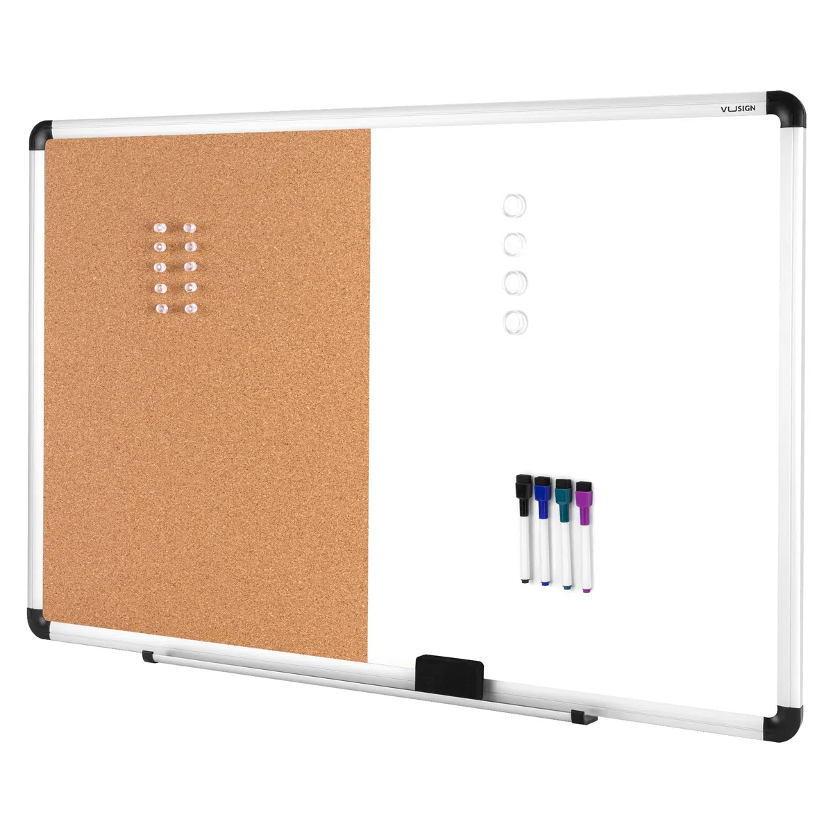 VUSIGN Combinación pizarra magnética y tablero de corcho, 24 x 36 pulgadas, tablero de anuncios montado en la pared, borrado en seco/tablero de corcho combinación con marco de aluminio
