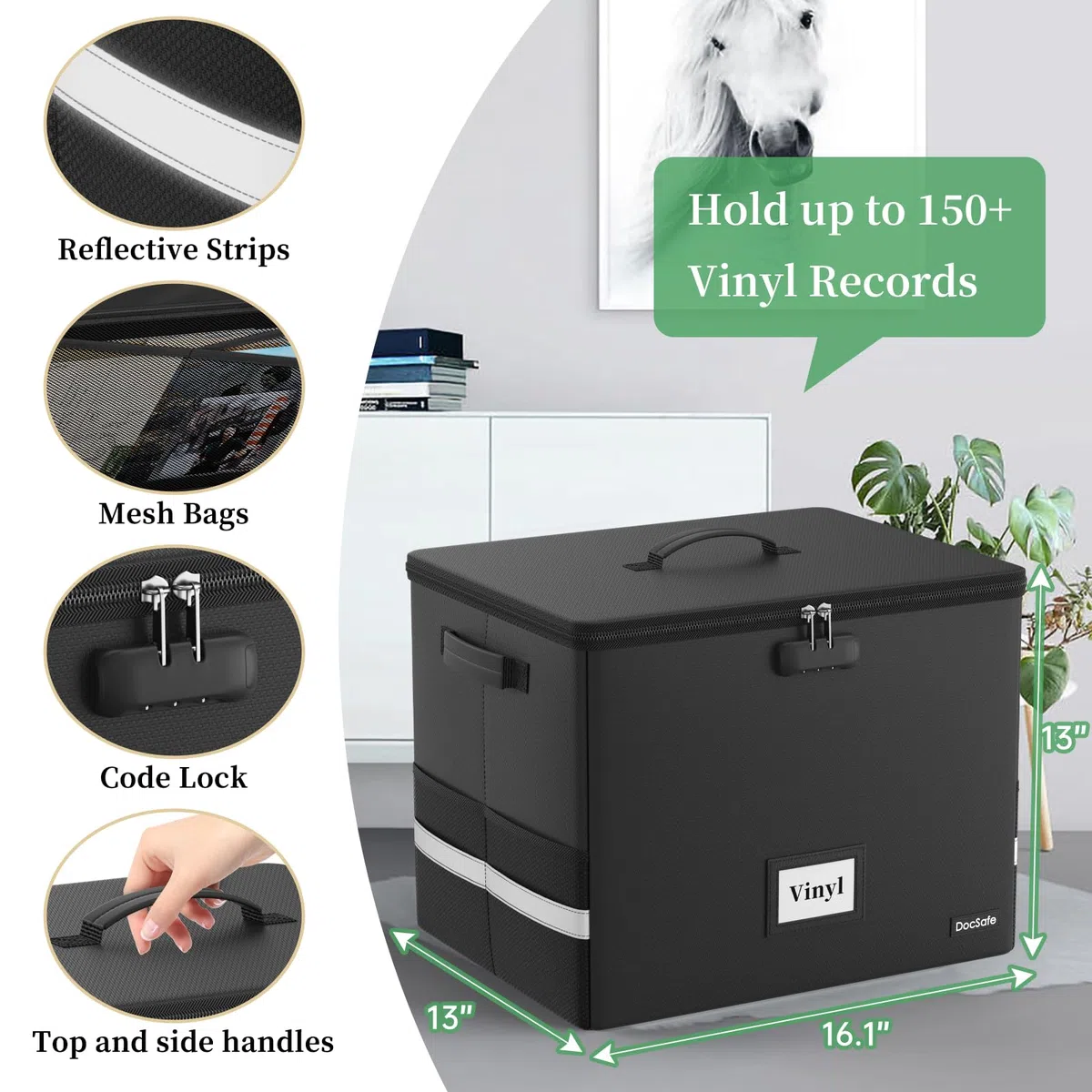 DocSafe Caja de almacenamiento de discos de vinilo ignífuga con cerradura, organizador de discos grande para más de 150 discos individuales, caja de almacenamiento plegable con tapa y asas para una