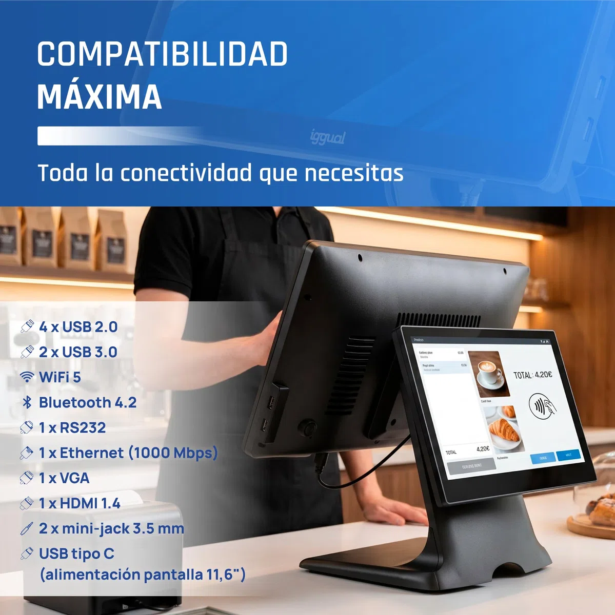 iggual TPV Dual Táctil 15,6”/11,6" Sistema Caja Registradora Completo con Doble Pantalla Windows 11 Pro WiFi 5 Ethernet Bluetooth 5.1 Procesador Intel N100 3,4 GHz Apto Verifactu