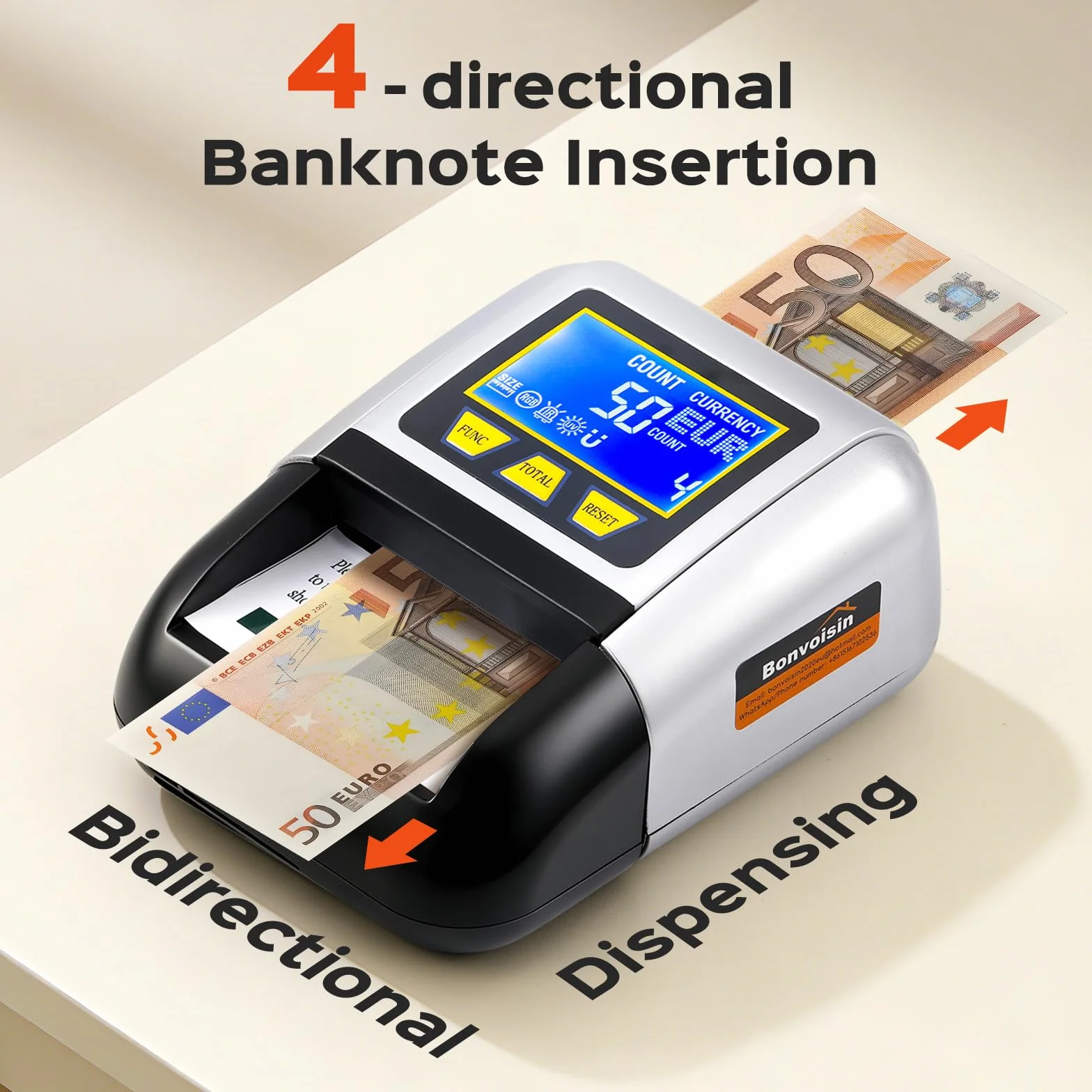 Bonvoisin Detector de Billetes Falsos, Comprobador Billete UV/IR/MG, Portátil Detector con Función Valor Total, Batería Recargable, 4 Orientaciones, Compatible EUR/USD/GBP Etc., Pantalla LCD (A)