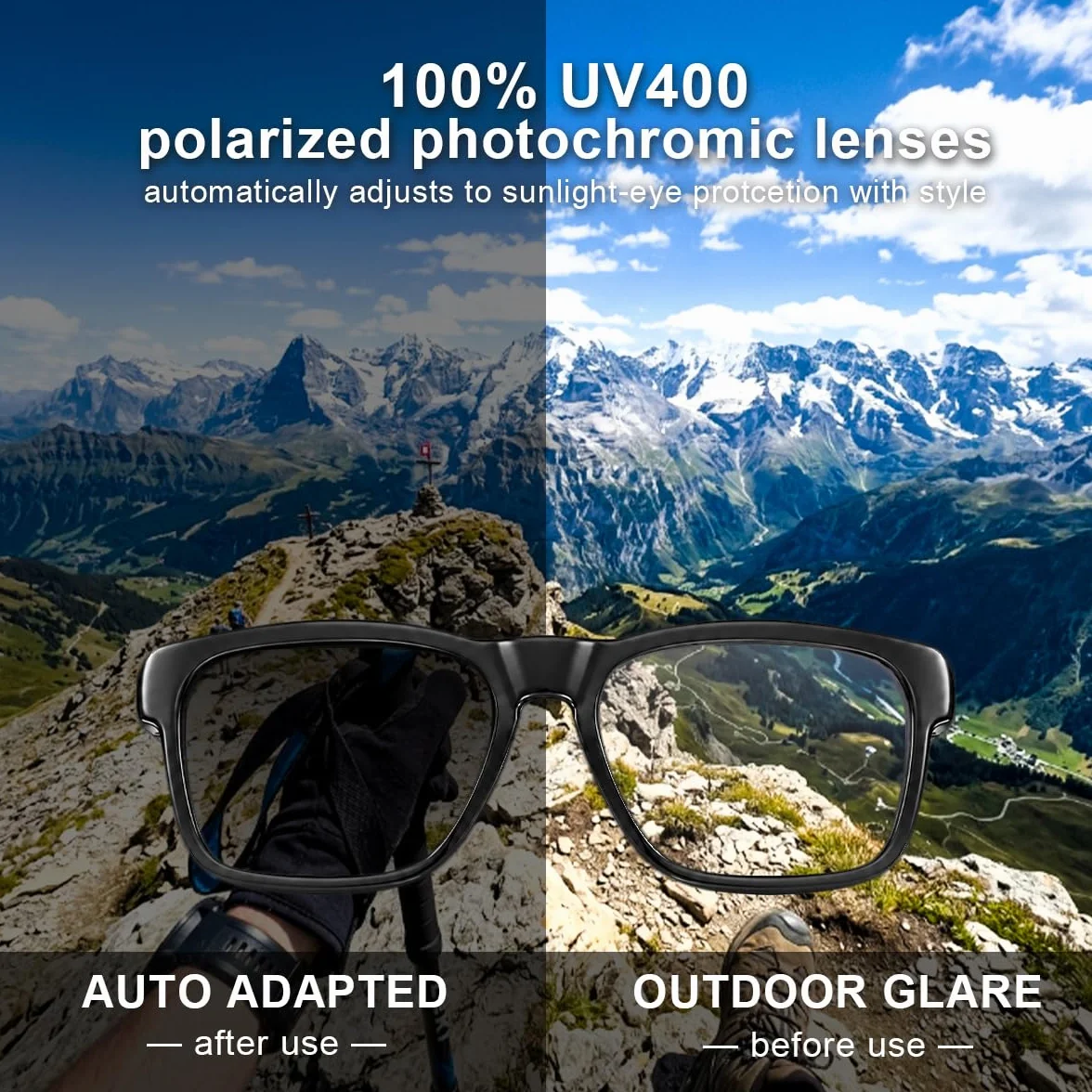 OhO sunshine Gafas inteligentes de traducción de IA con altavoz Bluetooth con marco negro brillante y lente fotocromática para exteriores e interiores