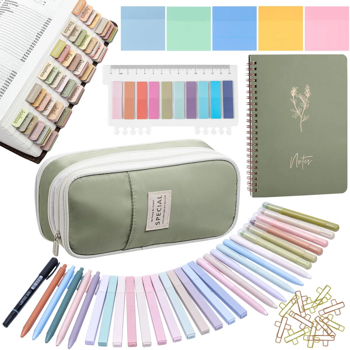 KOPKOFT Suministros de estudio bíblico, kit de diario bíblico para mujeres con diario, estuche para bolígrafos, pestañas, resaltadores y bolígrafos, kit de estudio bíblico para mujeres, regalos
