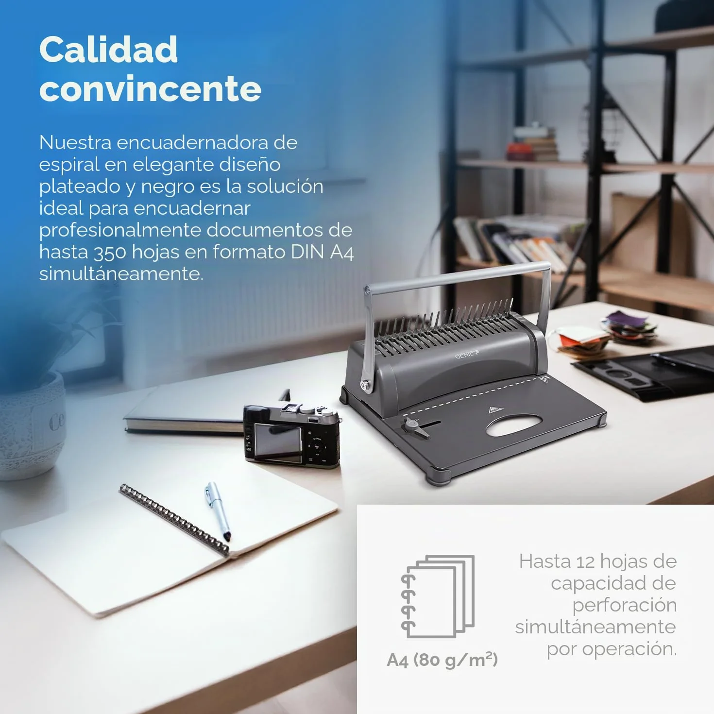 Genie CB 850 - Encuadernadora, hasta 350 hojas, DIN A4, incluye juego de 75 piezas, color plata y negro